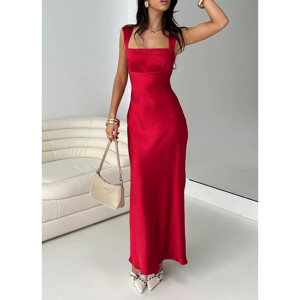 NEW Princess Polly Radioactive Bias Cut Maxi Dress Red 4 Square Neck Satin Y2K